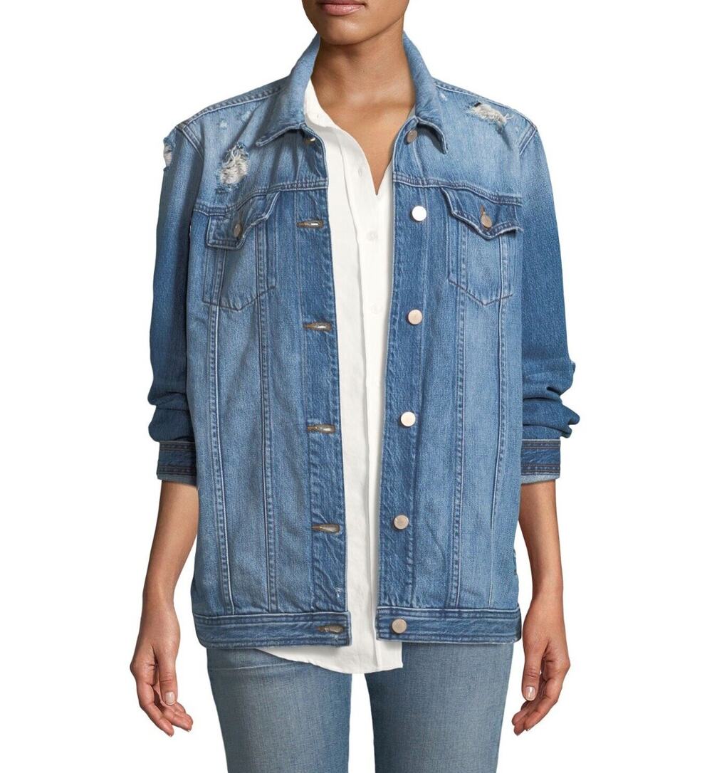 J Brand Cyra Blue Wash Broken Hearts Distressed Oversized Jacket L Large $298